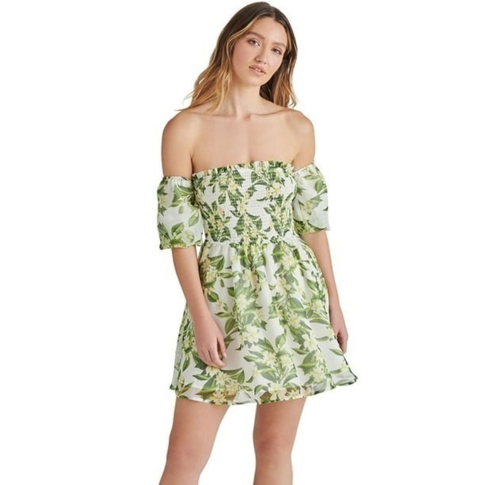 Betsey Johnson White Green Floral Tropical Puff Sleeve Mini Dress Size Medium